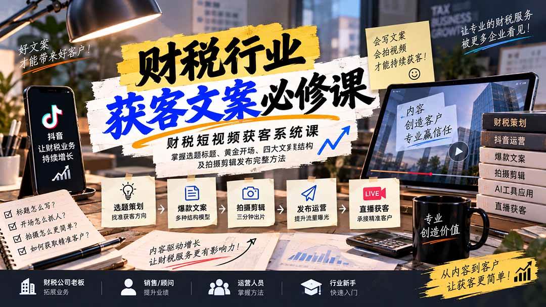 (20591期)财税短视频获客系统课:掌握选题标题、黄金开场、四大文案结构及拍摄剪辑发布完整方法-来友网创