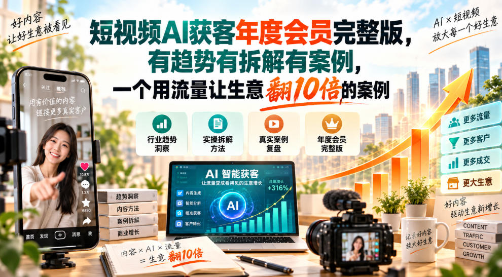 短视频AI获客年度会员完整版,有趋势有拆解有案例,一个用流量让生意翻10倍的案例-来友网创