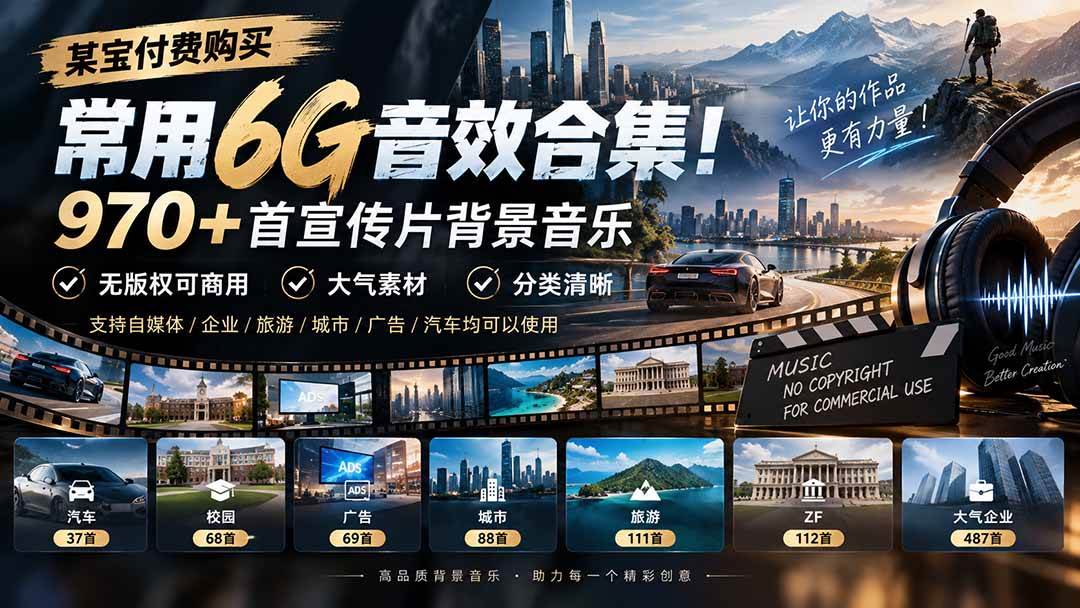 (20603期)某宝付费购买,常用6G音效合集!970+首宣传片背景音乐,无版权可商用大气素材,分类清晰-来友网创