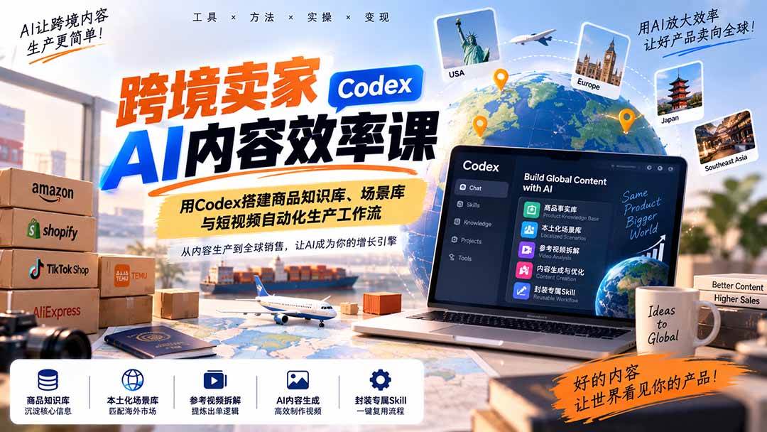 (20595期)跨境卖家AI内容效率课:用Codex搭建商品知识库、场景库与短视频自动化生产工作流-来友网创
