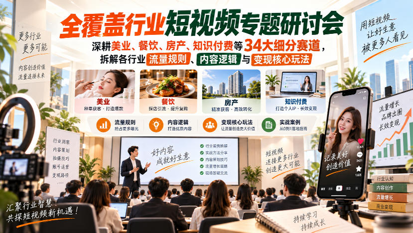 短视频专题研讨会,深耕美业、餐饮、房产、知识付费等34大细分赛道,拆解各行业流量规则、内容逻辑与变现核心玩法-来友网创