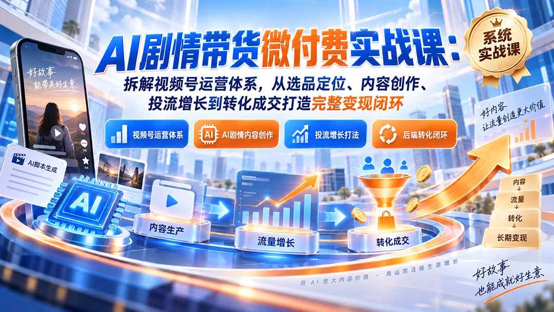 (20611期)AI剧情带货微付费实战课:拆解视频号运营体系,从选品定位、内容创作、投流增长到转化成交打造完整变现闭环-来友网创