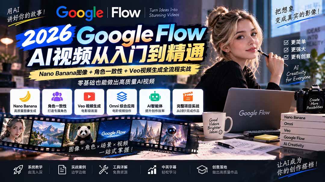 (20608期)【无水印】Google Flow AI视频从入门到精通:Nano Banana图像+角色一致性+Veo视频生成全流程实战-精翻中英字幕-来友网创