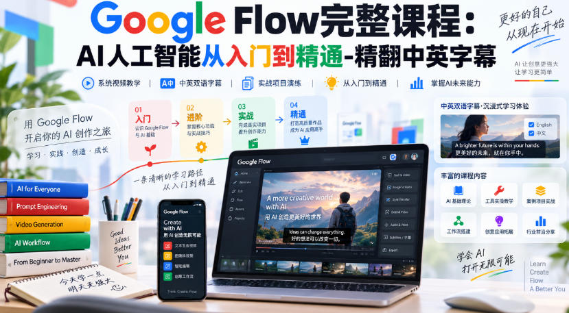 【无水印】Google Flow完整课程:AI人工智能从入门到精通-精翻中英字幕-来友网创
