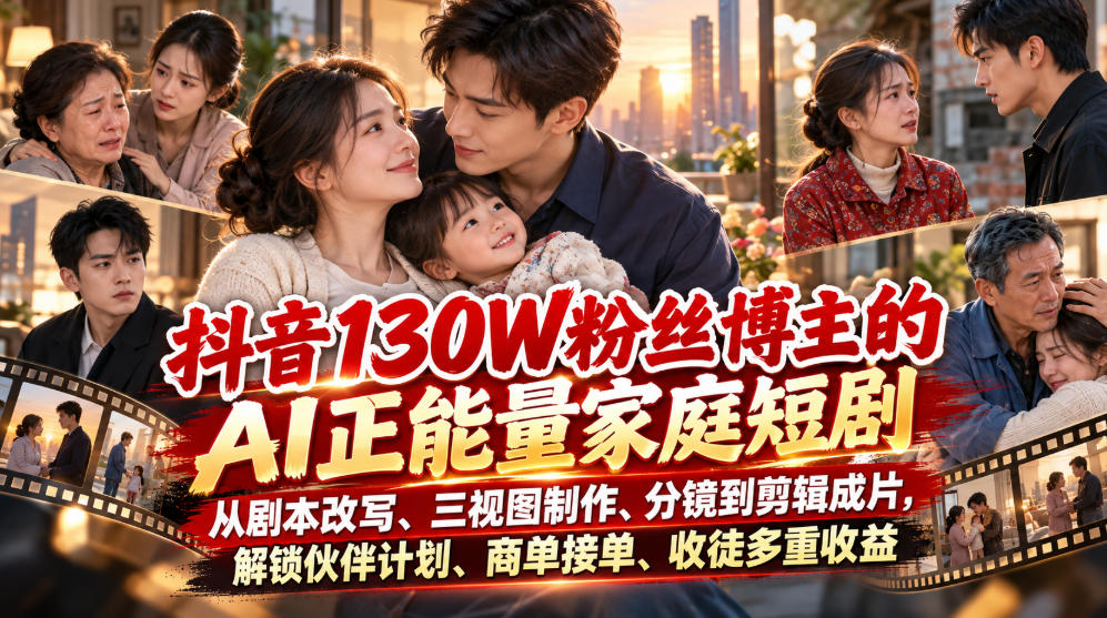 抖音130W粉丝博主的AI正能量家庭短剧,从剧本改写、三视图制作、分镜到剪辑成片,解锁伙伴计划、商单接单、收徒多重收益-来友网创