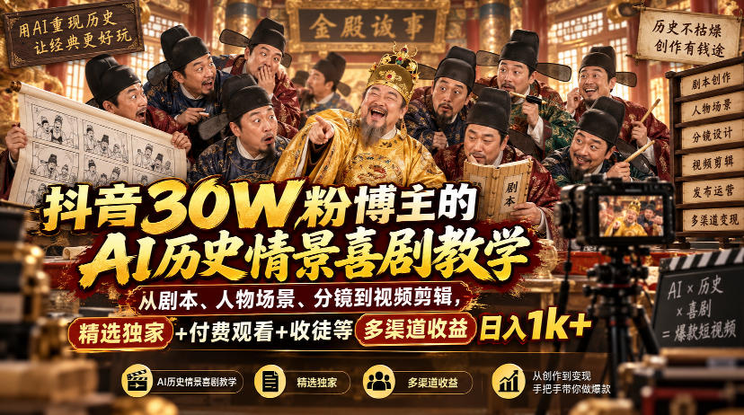 抖音30W粉博主的AI历史情景喜剧教学,从剧本、人物场景、分镜到视频剪辑,精选独家+付费观看+收徒等多渠道收益日入1k+-来友网创