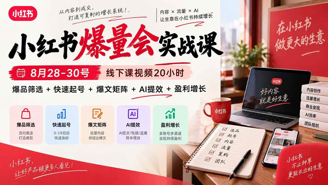 (20617期)小红书爆量会实战课-更新9月23:线下课视频20小时,爆品筛选+快速起号+爆文矩阵+AI提效+盈利增长-来友网创