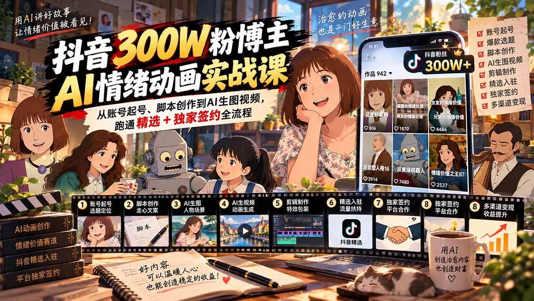 (20616期)抖音300W粉博主AI情绪动画实战课:从账号起号、脚本创作到AI生图视频,跑通精选+独家签约全流程-来友网创