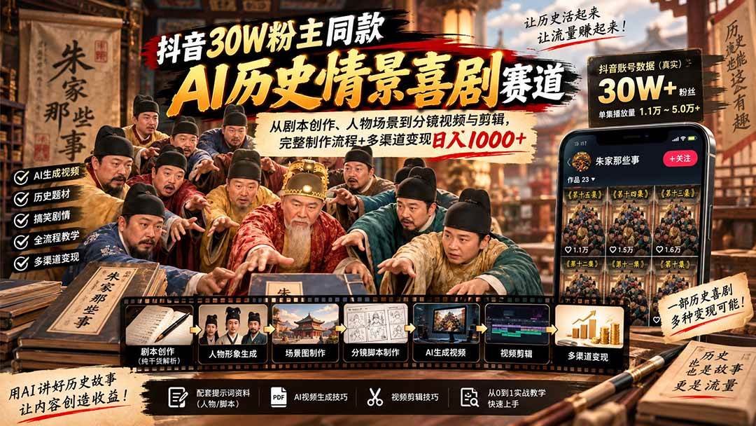 (20613期)抖音30W粉博主同款AI历史情景喜剧赛道:从剧本创作、人物场景到分镜视频与剪辑,完整制作流程+多渠道变现日入1000+-来友网创
