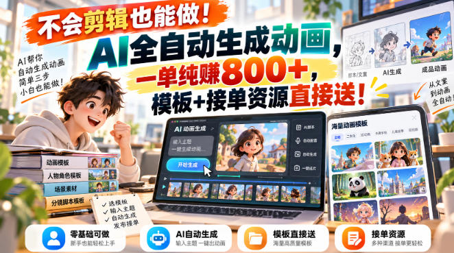 不会剪辑也能做!AI全自动生成动画,一单纯賺800+,模板+接单资源直接送!【揭秘】-来友网创