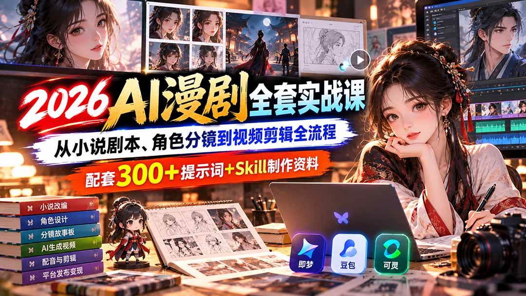 (20629期)2026AI漫剧全套实战课:从小说剧本、角色分镜到视频剪辑全流程,配套300+提示词+Skill制作资料-来友网创