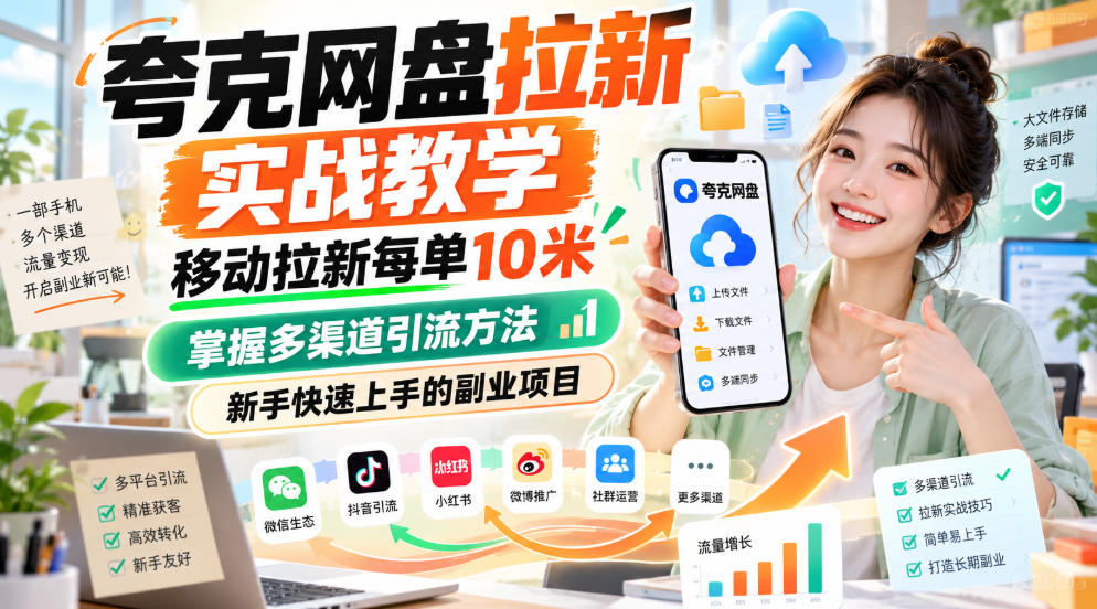 夸克网盘拉新实战教学,移动拉新每单10米,掌握多渠道引流方法,新手快速上手的副业项目-来友网创