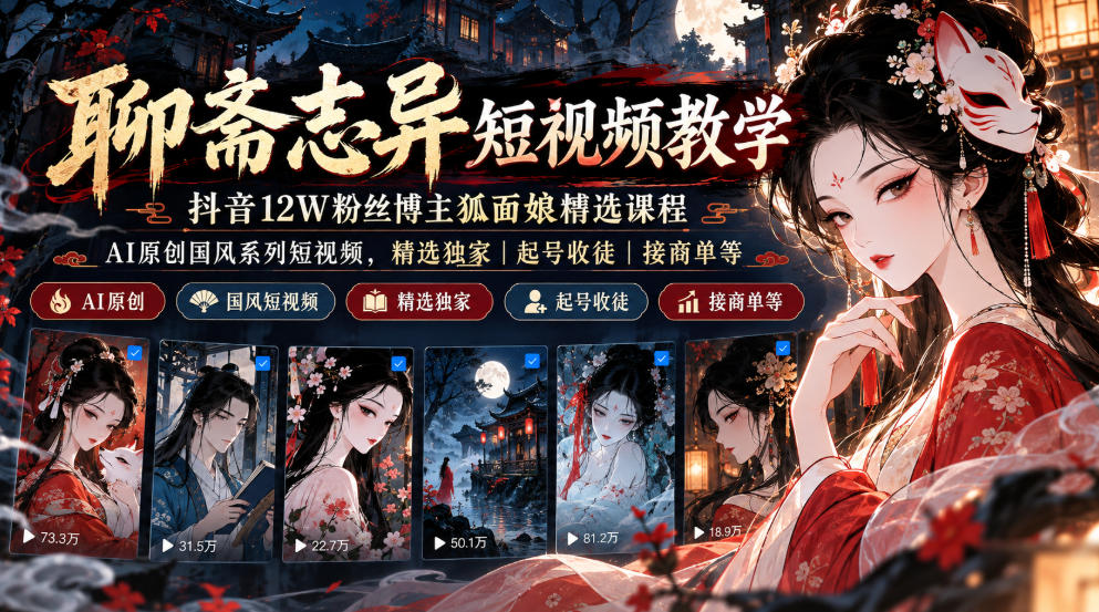 聊斋志异短视频教学,抖音12W粉丝博主狐面娘精选课程,AI原创国风系列短视频,精选独家丨起号收徒丨接商单等-来友网创