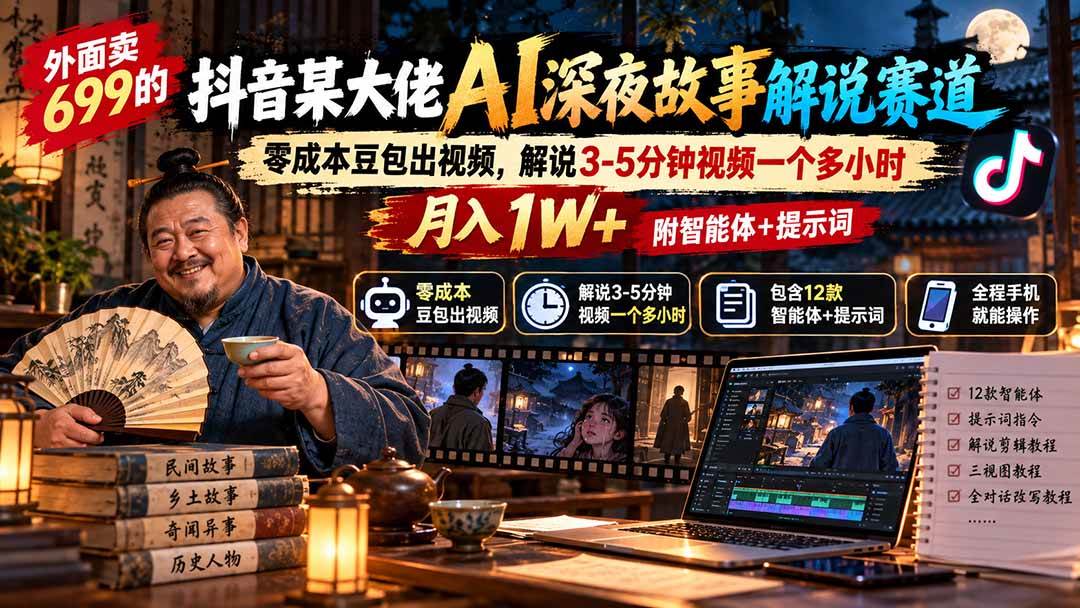 (20648期)外面卖699的抖音某大佬AI深夜故事解说赛道:零成本豆包出视频,解说3-5分钟视频一个多小时,月入1W+附智能体+提示词-来友网创
