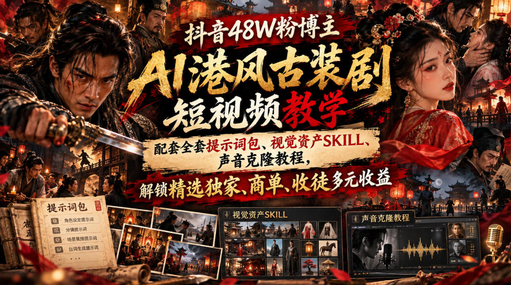 抖音48W粉博主AI港风古装剧短视频教学,配套全套提示词包、视觉资产SKILL、声音克隆教程,解锁精选独家、商单、收徒多元收益-来友网创