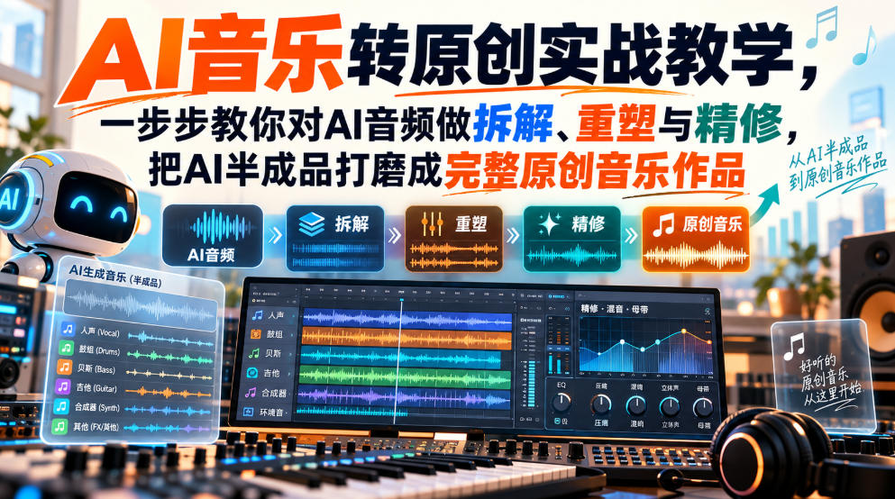 AI音乐转原创实战教学,一步步教你对AI音频做拆解、重塑与精修,把AI半成品打磨成完整原创音乐作品-来友网创