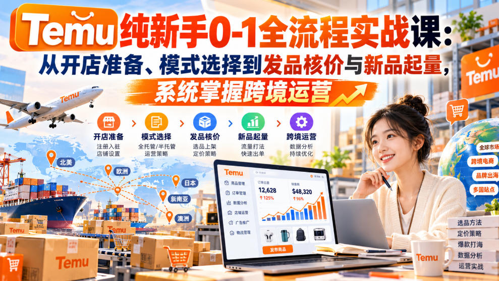 【无水印】Temu纯新手0-1全流程实战课:从开店准备、模式选择到发品核价与新品起量,系统掌握跨境运营-来友网创