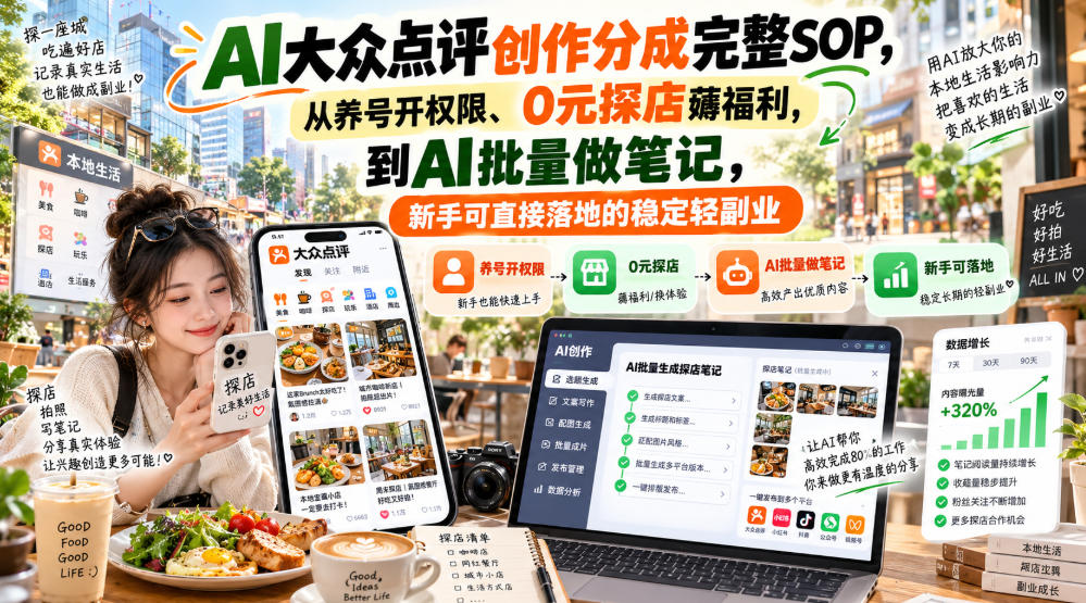 【无水印】AI大众点评创作分成完整SOP,从养号开权限、0元探店薅福利,到AI批量做笔记,新手可直接落地的稳定轻副业-来友网创