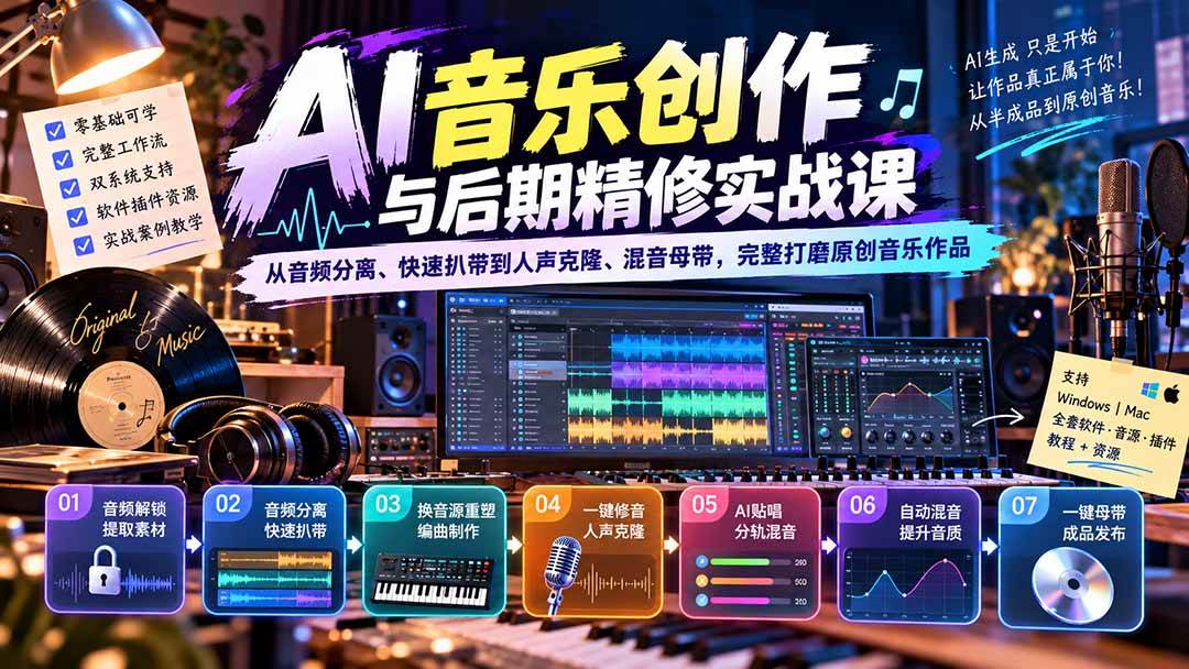(20652期)AI音乐创作与后期精修实战课:从音频分离、快速扒带到人声克隆、混音母带,完整打磨原创音乐作品-来友网创