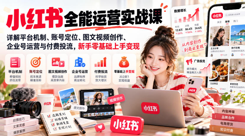 小红书全能运营实战课,详解平台机制、账号定位、图文视频创作、企业号运营与付费投流,新手零基础上手变现-来友网创