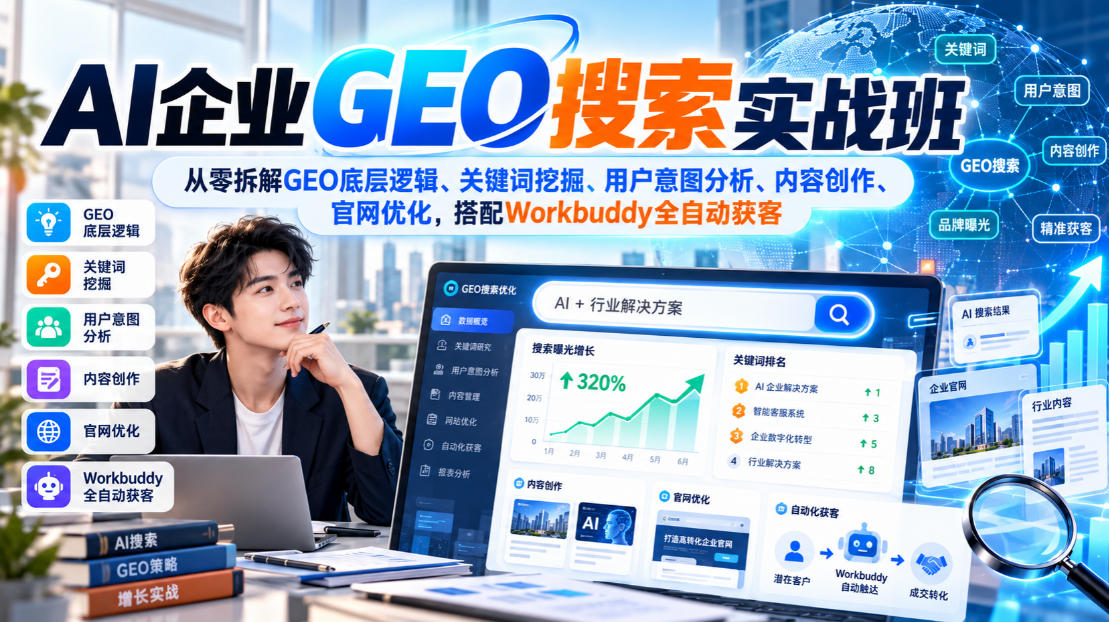 AI企业GEO搜索实战班,从零拆解GEO底层逻辑、关键词挖掘、用户意图分析、内容创作、官网优化,搭配Workbuddy全自动获客-来友网创