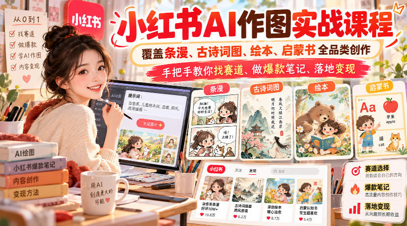 小红书AI作图实战课程,覆盖条漫、古诗词图、绘本、启蒙书全品类创作,手把手教你找赛道、做爆款笔记、落地变现-来友网创