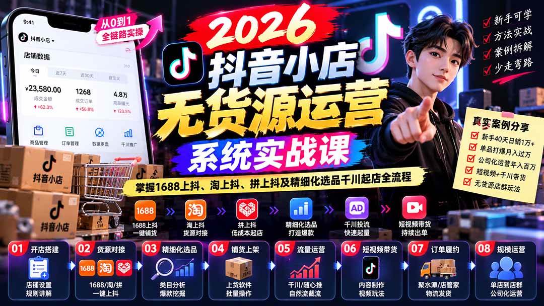 (20659期)2026抖音小店无货源运营系统实战课:掌握1688上抖、淘上抖、拼上抖及精细化选品千川起店全流程-来友网创