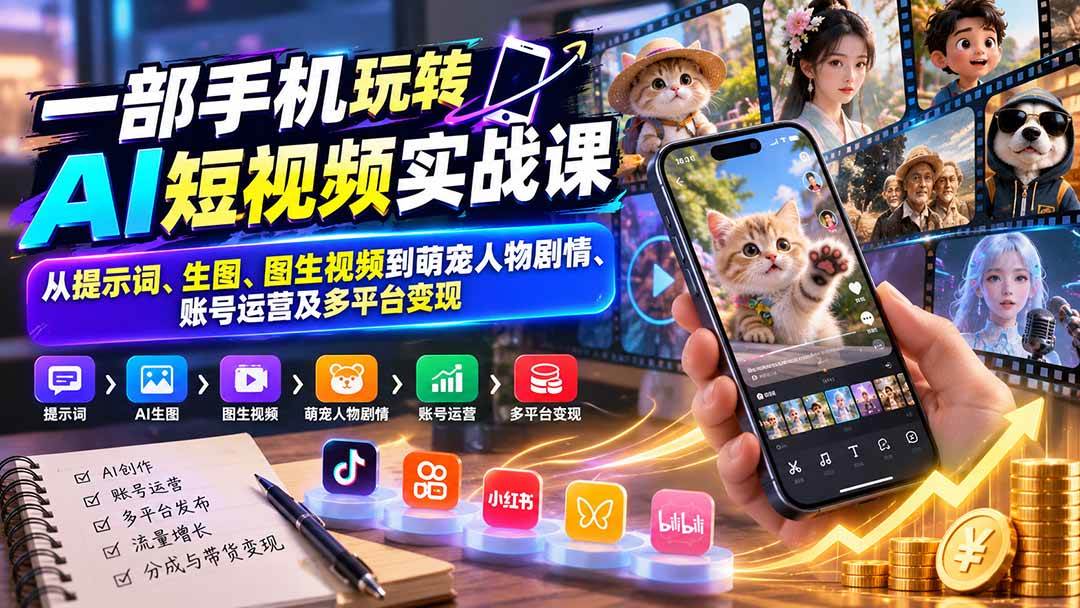 (20663期)一部手机玩转AI短视频实战课:从提示词、生图、图生视频到萌宠人物剧情、账号运营及多平台变现-来友网创