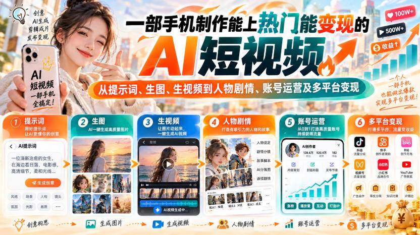 【无水印】一部手机制作能上热门能变现的AI短视频,从提示词、生图、生视频到人物剧情、账号运营及多平台变现-来友网创