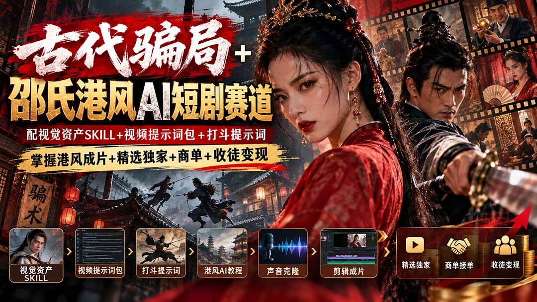 (20684期)古代骗局+邵氏港风AI短剧赛道:配视觉资产SKILL+视频提示词包+打斗提示词,掌握港风成片+精选独家+商单+收徒变现-来友网创