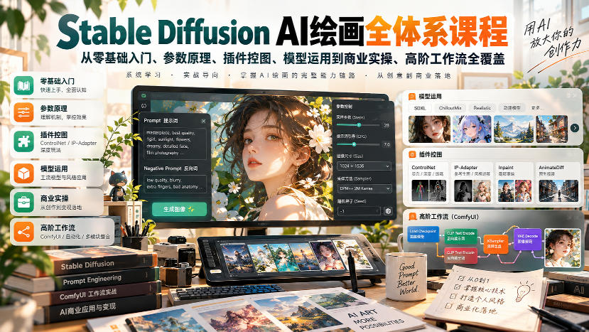 【无水印】Stable Diffusion AI绘画全体系课程,从零基础入门、参数原理、插件控图、模型运用到商业实操、高阶工作流全覆盖-来友网创