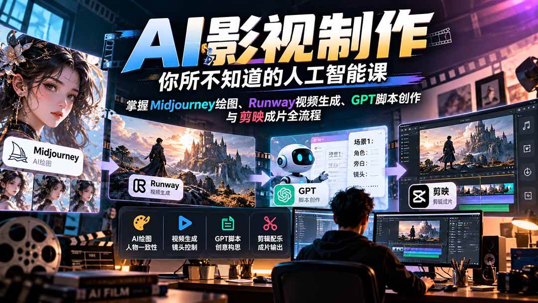 (20681期)AI影视制作-你所不知道的人工智能课,掌握Midjourney绘图、Runway视频生成、GPT脚本创作与剪映成片全流程-来友网创