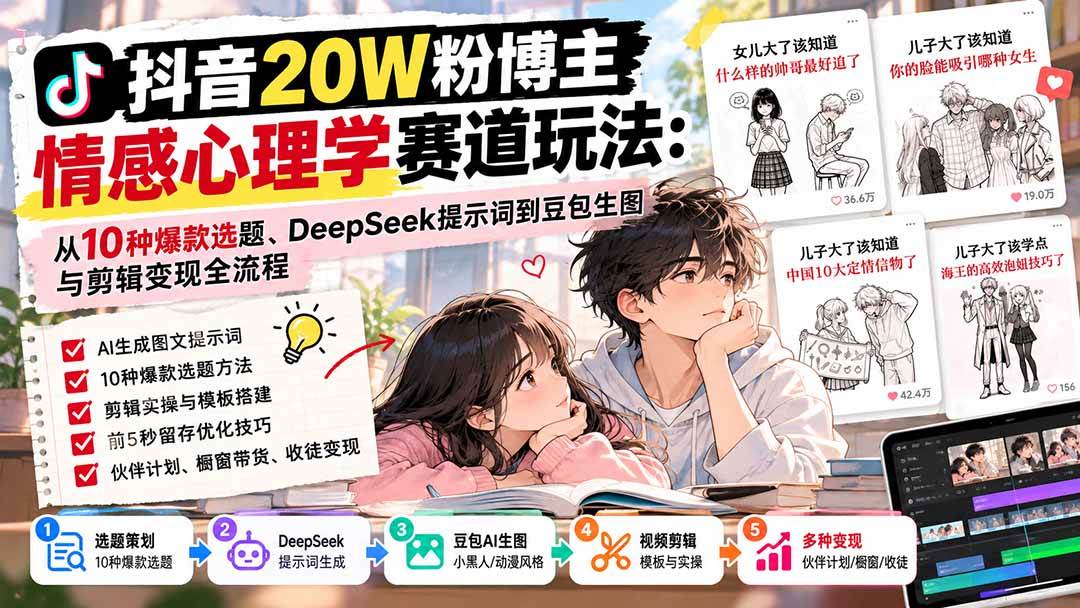 (20688期)抖音20W粉博主-情感心理学赛道玩法:从10种爆款选题、DeepSeek提示词到豆包生图与剪辑变现全流程-来友网创