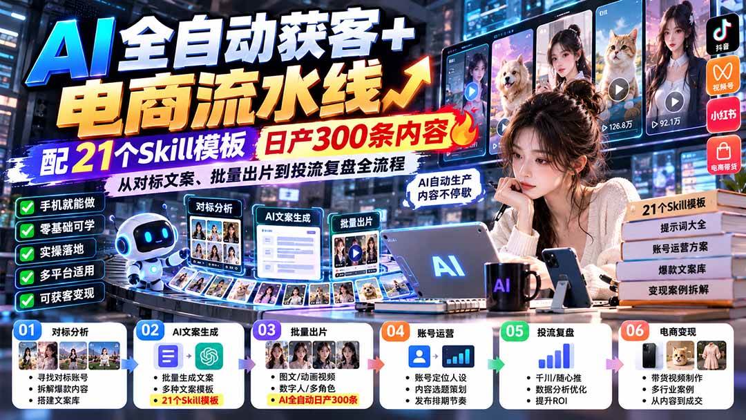 (20701期)【无水印】AI全自动获客+电商流水线-更新0928:配21个Skill模板,日产300条内容,从对标文案、批量出片到投流全流程-来友网创
