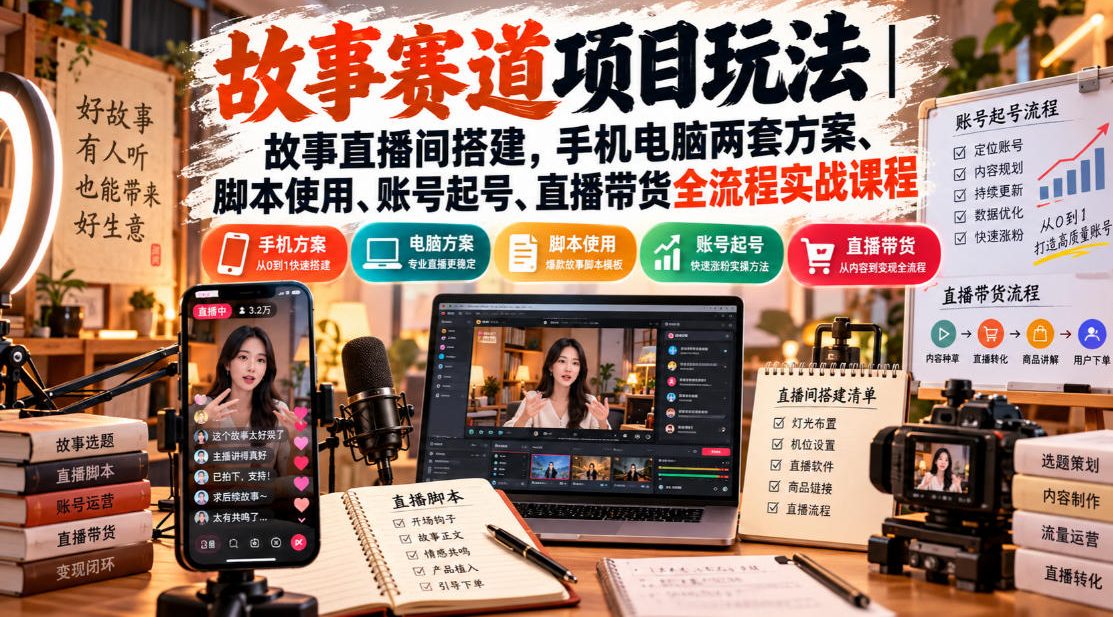 故事赛道项目玩法|故事直播间搭建,手机电脑两套方案、脚本使用、账号起号、直播带货全流程实战课程-来友网创