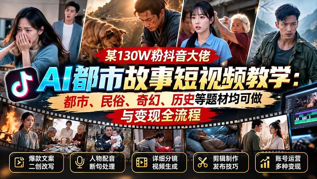 (20692期)某130W粉抖音大佬AI都市故事短视频教学:都市、民俗、奇幻、历史等题材均可做与变现全流程-来友网创