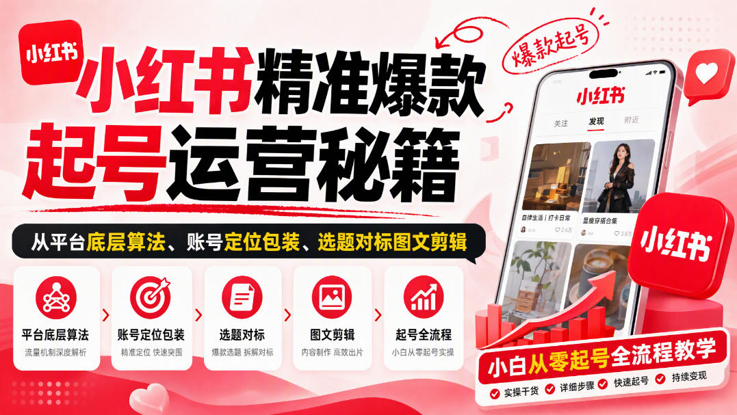 小红书精准爆款起号运营秘籍,从平台底层算法、账号定位包装、选题对标图文剪辑,小白从零起号全流程-来友网创