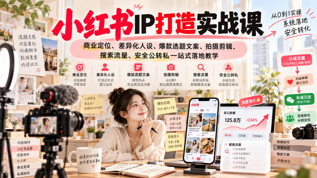 小红书ip打造实战课,商业定位、差异化人设、爆款选题文案、拍摄剪辑、搜索流量、安全公转私一站式落地教学-来友网创