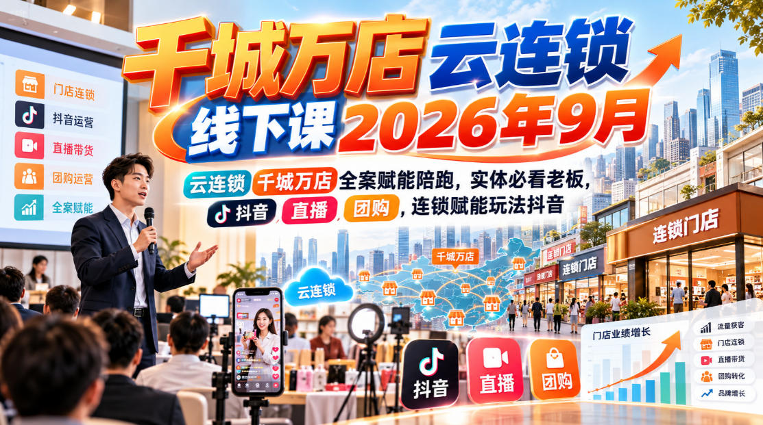 千城万店云连锁线下课2026年9月,云连锁千城万店全案赋能陪跑,实体必看老板,抖音,直播,团购,连锁赋能玩法抖音-来友网创