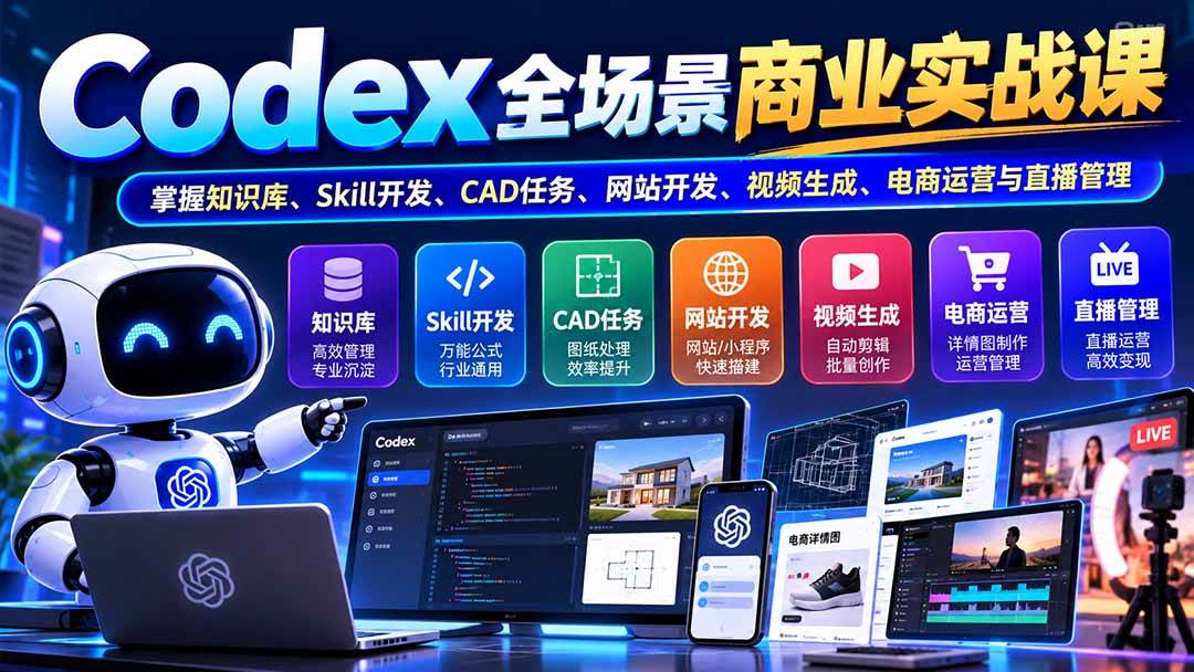 (20712期)【无水印】Codex全场景商业实战课:掌握知识库、Skill开发、CAD任务、网站开发、视频生成、电商运营与直播管理-来友网创