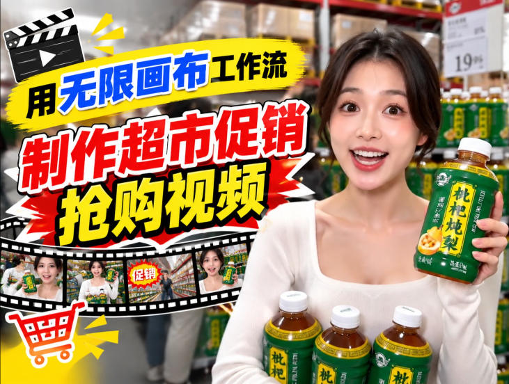 无限画布超市促销抢购视频工作流,一键产出TikTok抖音带货短视频-来友网创
