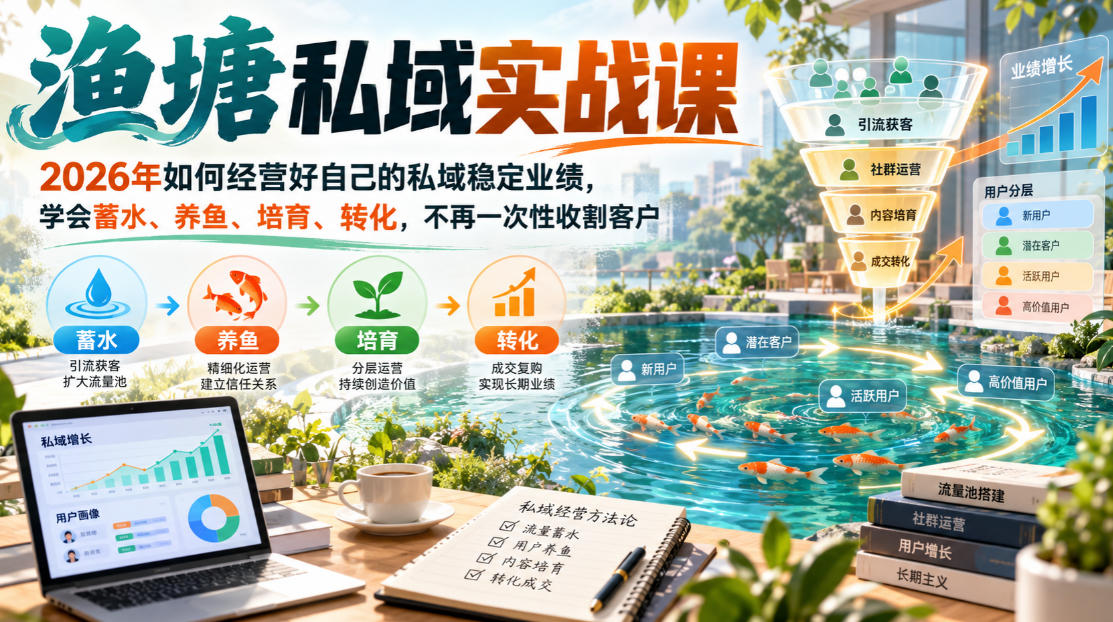 渔塘私域实战课,2026年如何经营好自己的私域稳定业绩,学会蓄水、养鱼、培育、转化,不再一次性收割客户-来友网创