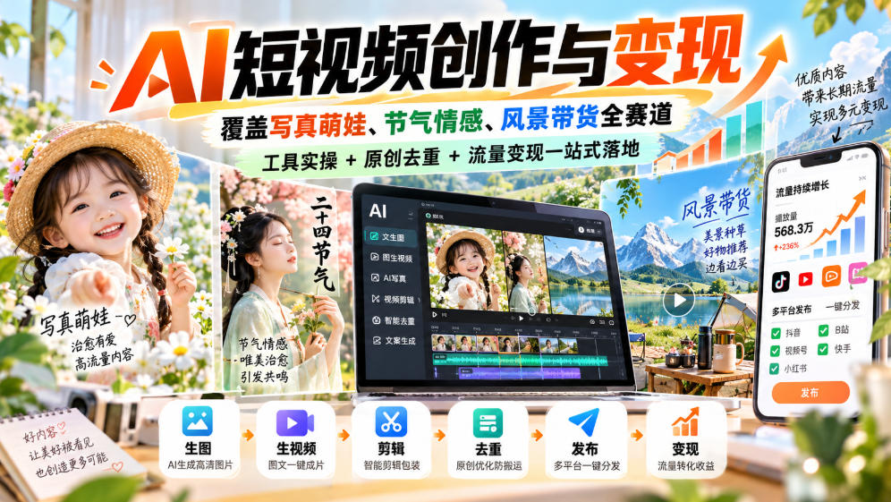 AI短视频创作与变现,覆盖写真萌娃、节气情感、风景带货全赛道,工具实操+原创去重+流量变现一站式落地-来友网创