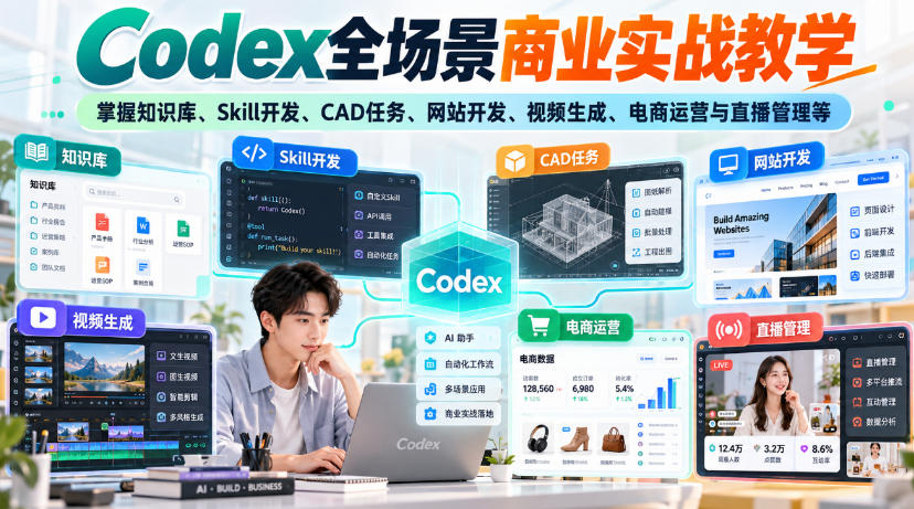 【无水印】Codex全场景商业实战教学,掌握知识库、Skill开发、CAD任务、网站开发、视频生成、电商运营与直播管理等-来友网创