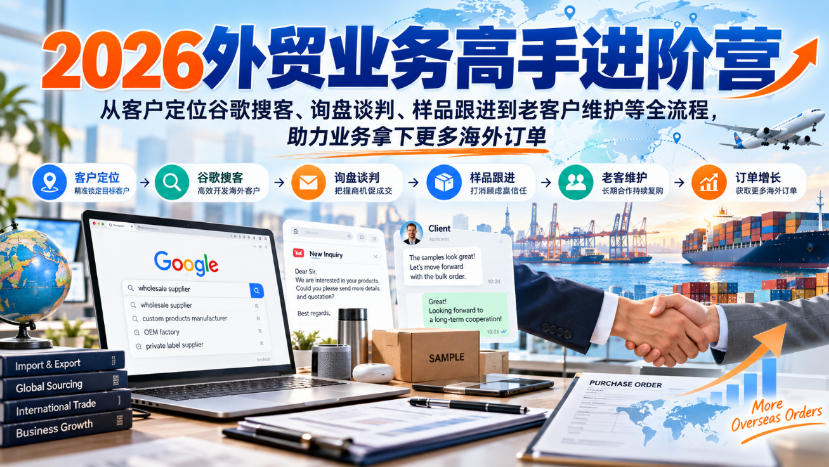 2026外贸业务高手进阶营,从客户定位谷歌搜客、询盘谈判、样品跟进到老客户维护等全流程,助力业务拿下更多海外订单-来友网创