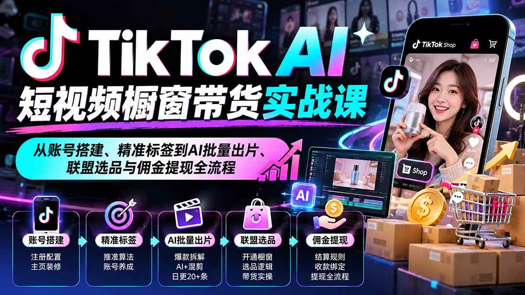 (20725期)TikTok AI短视频橱窗带货实战课:从账号搭建、精准标签到AI批量出片、联盟选品与佣金提现全流程-来友网创