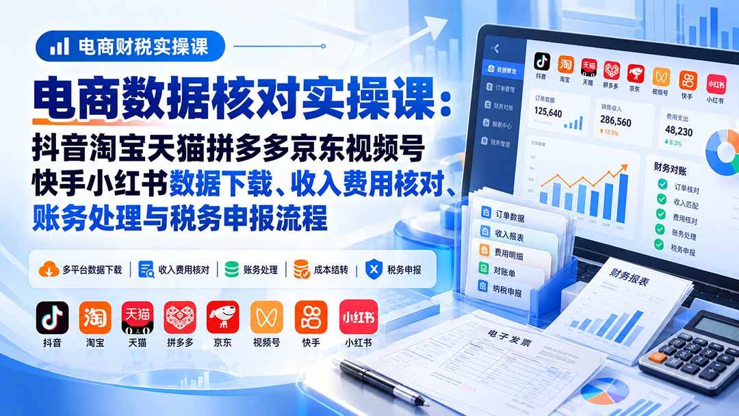 (20723期)电商数据核账实操课:抖音淘宝天猫拼多多京东视频号快手小红书数据下载、收入费用核对、账务处理与税务申报流程-来友网创