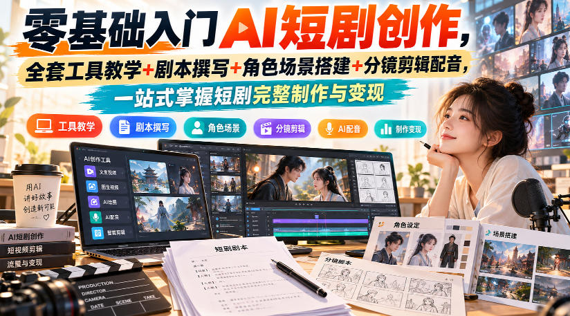 零基础入门AI短剧创作,全套工具教学+剧本撰写+角色场景搭建+分镜剪辑配音,一站式掌握短剧完整制作与变现-来友网创