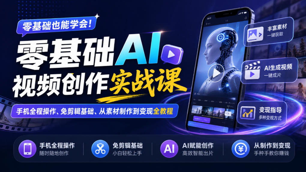 零基础AI视频创作实战课|手机全程操作、免剪辑基础、从素材制作到变现全教程-来友网创