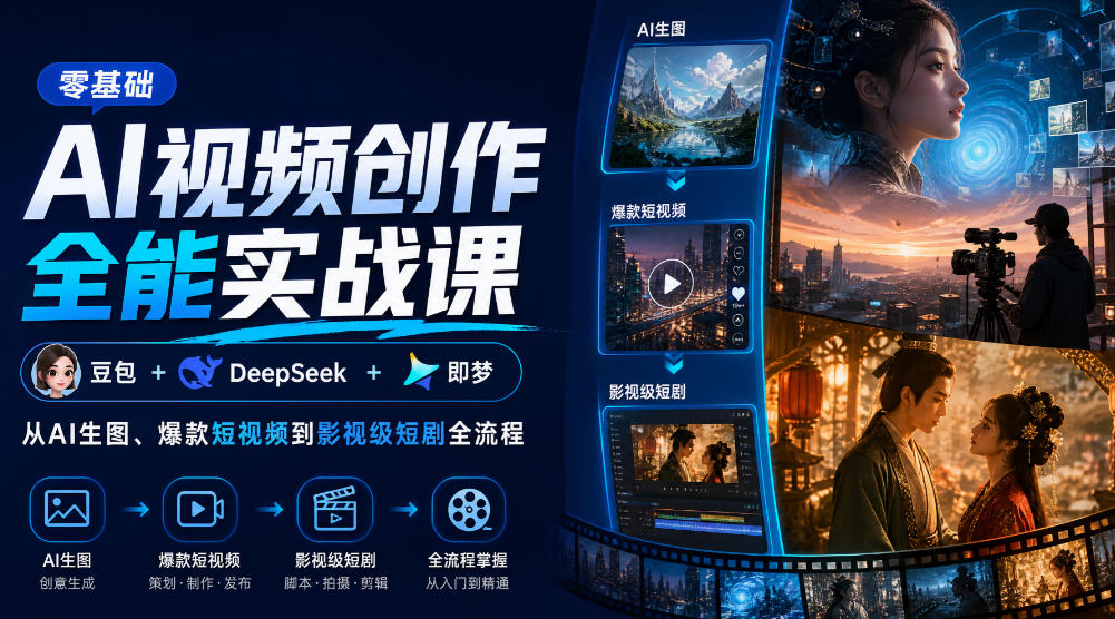 零基础AI视频创作全能实战课|豆包+DeepSeek+即梦,从AI生图、爆款短视频到影视级短剧全流程-来友网创